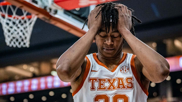 Texas Longhorns guard Tre Johnson (20) reacts to a missed shot in the first half as the Longhorns take on the Arkansas Razorbacks at the Moody Center, Feb. 5, 2025. Arkansas won the game 78-70.