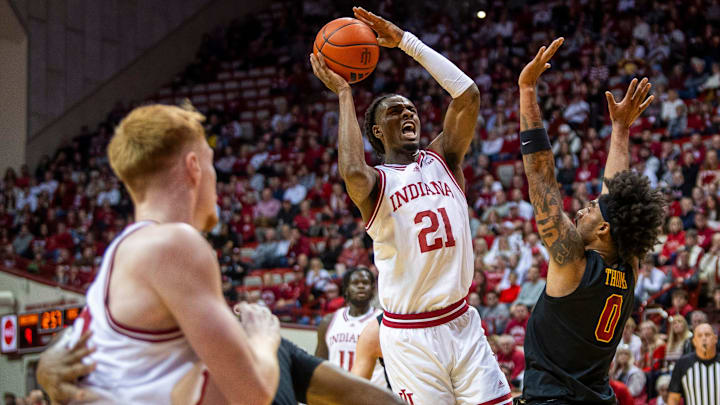 Indiana's Mackenzie Mgbako (21) shoots over USC's Saint Thomas (0) during the Indiana versus University of Southern California men's basketball game at Simon Skjodt Assembly Hall on Wednesday, Jan. 8, 2025.