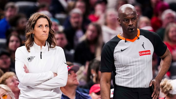 Indiana Fever head coach Stephanie White looks up Tuesday, May 20, 2025, during a game between the Indiana Fever and the Atlanta Dream at Gainbridge Fieldhouse in Indianapolis. Indiana Fever head coach Stephanie White looks up Tuesday, May 20, 2025, during a game between the Indiana Fever and the Atlanta Dream at Gainbridge Fieldhouse in Indianapolis.