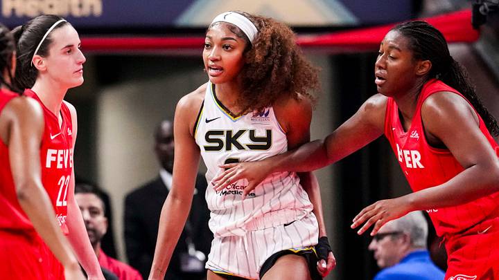 Chicago Sky forward Angel Reese reacts to a flagrant foul from Indiana Fever guard Caitlin Clark, left, on Saturday, May 17, 2025, at Gainbridge Fieldhouse in Indianapolis.