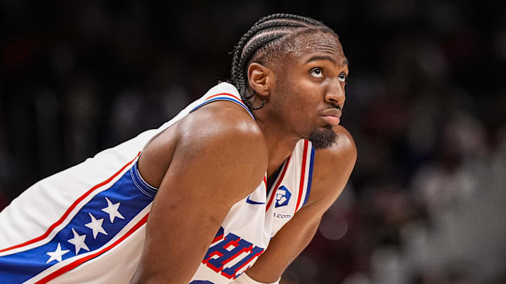 Mar 7, 2026; Atlanta, Georgia, USA; Philadelphia 76ers guard Tyrese Maxey (0) on the court during the game against the Atlanta Hawks during the second half at State Farm Arena. Mandatory Credit: Dale Zanine-Imagn Images