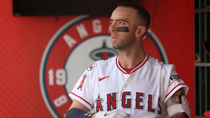 Sep 20, 2026; Anaheim, California, USA;  Los Angeles Angels shortstop Zach Neto (9) looks on in the dugout during the second inning against the Minnesota Twins at Angel Stadium. Mandatory Credit: Kiyoshi Mio-Imagn Images