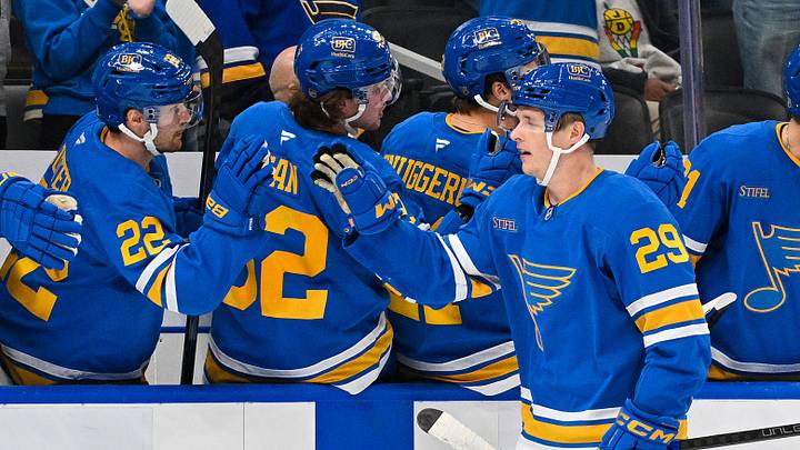 Oct 10, 2026; St. Louis, Missouri, USA; St. Louis Blues right wing Jonatan Berggren (29) celebrates with teammates after scoring a goal against the Columbus Blue Jackets during the third period at Enterprise Center. Mandatory Credit: Jeff Curry-Imagn Images
