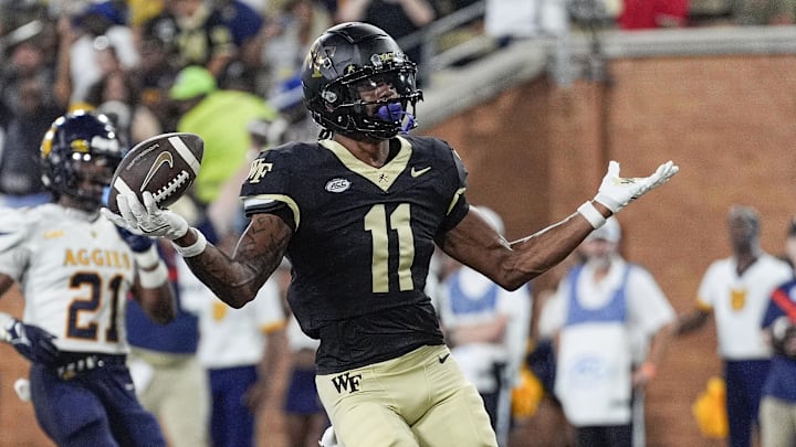 Aug 29, 2024; Winston-Salem, North Carolina, USA;  Wake Forest Demon Deacons wide receiver Donavon Greene (11) reacts to his touchdown against the North Carolina A&T Aggies during the first half at Allegacy Federal Credit Union Stadium. Mandatory Credit: Jim Dedmon-Imagn Images