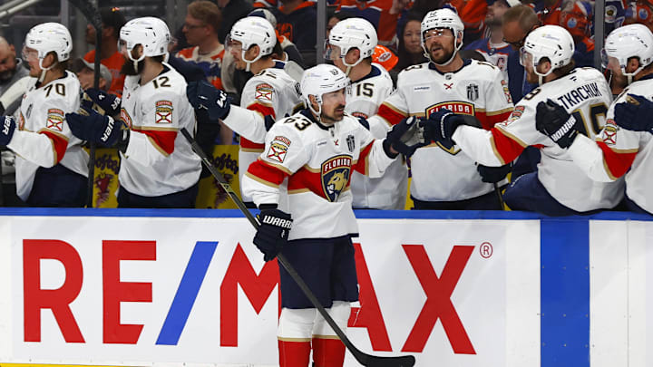Florida Panthers forward Brad Marchand reacts after scoring a goal against the Edmonton Oilers.
