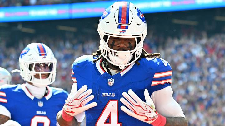 Oct 4, 2026; Orchard Park, New York, USA; Buffalo Bills running back James Cook #4 celebrates after scoring a touchdown during the second quarter against the New England Patriots at New Highmark Stadium. Mandatory Credit: Mark Konezny-Imagn Images Oct 4, 2026; Orchard Park, New York, USA; Buffalo Bills running back James Cook #4 celebrates after scoring a touchdown during the second quarter against the New England Patriots at New Highmark Stadium. Mandatory Credit: Mark Konezny-Imagn Images
