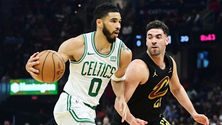 Mar 5, 2024; Cleveland, Ohio, USA;  Boston Celtics forward Jayson Tatum (0) drives to the basket