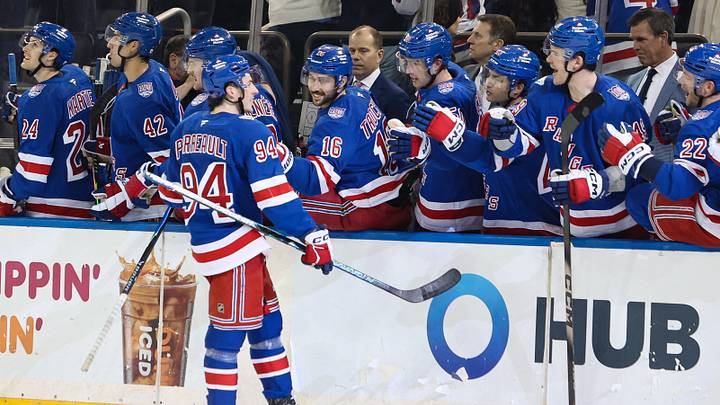 Apr 4, 2026; New York, New York, USA; New York Rangers right wing Gabe Perreault (94) celebrates his hat trick against the Detroit Red Wings during the third period at Madison Square Garden. Mandatory Credit: Danny Wild-Imagn Images