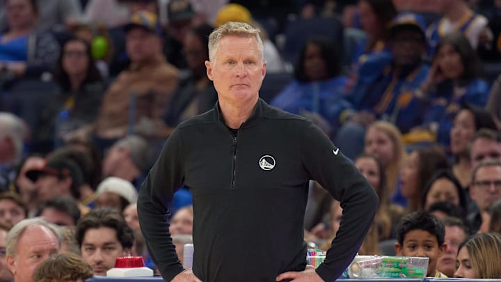 Jan 18, 2025; San Francisco, California, USA; Golden State Warriors head coach Steve Kerr watches game play against the Washington Wizards during the second quarter at Chase Center. Mandatory Credit: Robert Edwards-Imagn Images