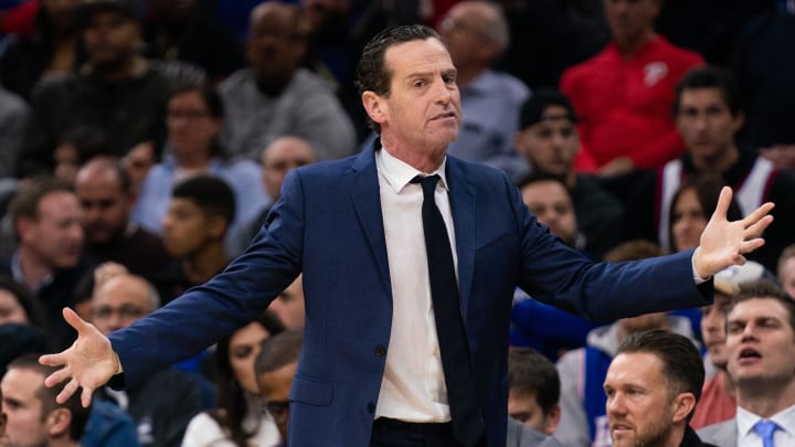 Jan 15, 2020; Philadelphia, Pennsylvania, USA; Brooklyn Nets head coach Kenny Atkinson reacts during the second quarter against the Philadelphia 76ers at Wells Fargo Center. Mandatory Credit: Bill Streicher-USA TODAY Sports