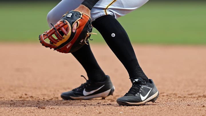 Mar 25, 2018; Dunedin, FL, USA; A view of the Stance socks and Nike cleats worn by a member of the