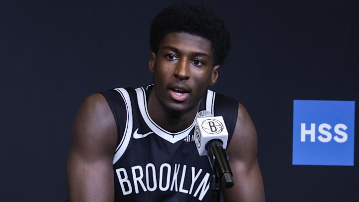 Sep 23, 2025; Brooklyn, NY, USA;  Brooklyn Nets guard Drake Powell (4) speaks at Media Day. Mandatory Credit: Wendell Cruz-Imagn Images