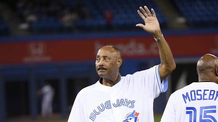 Toronto Blue Jays former manager Cito Gaston waves to the crowd before throwing out a ceremonial first pitch before a game against the New York Yankees at Rogers Centre.