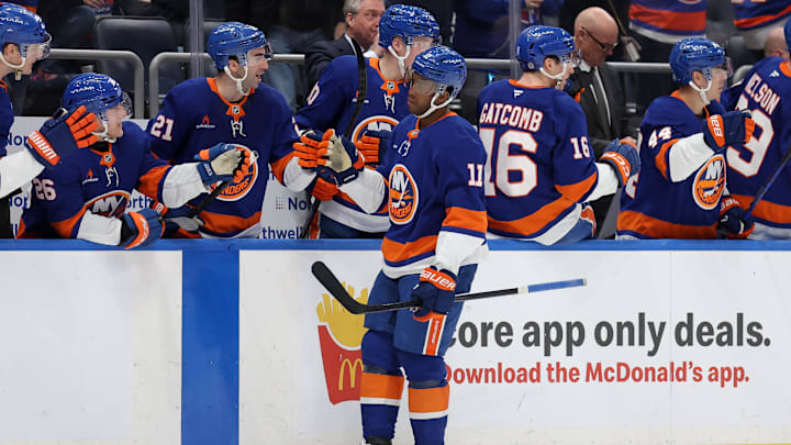 Feb 23, 2025; Elmont, New York, USA; New York Islanders left wing Anthony Duclair (11) celebrates his goal against the Dallas Stars with teammates during the third period at UBS Arena. Mandatory Credit: Brad Penner-Imagn Images