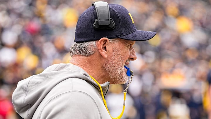 Michigan head coach Kyle Whittingham watches a play during the spring game at Michigan Stadium in Ann Arbor on Saturday, April 18, 2026.