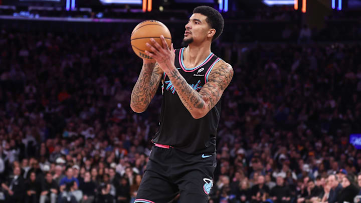 Dec 21, 2025; New York, New York, USA;  Miami Heat center Kel'El Ware (7) takes a three-point shot in the fourth quarter against the New York Knicks at Madison Square Garden. Mandatory Credit: Wendell Cruz-Imagn Images