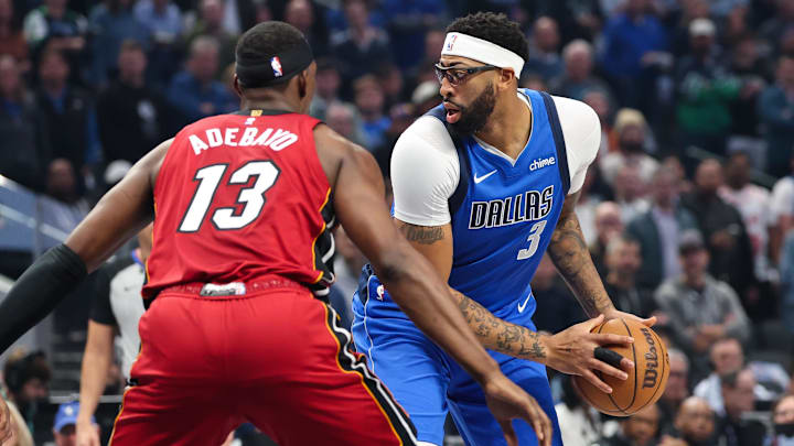 Dec 3, 2025; Dallas, Texas, USA;  Dallas Mavericks forward Anthony Davis (3) looks to score as Miami Heat center Bam Adebayo (13) defends during the first quarter at American Airlines Center. Mandatory Credit: Kevin Jairaj-Imagn Images