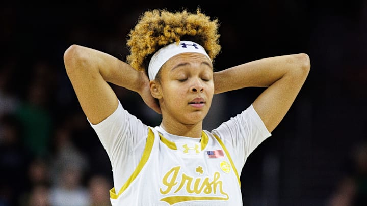 Notre Dame guard Hannah Hidalgo reacts to a foul call during a NCAA women's basketball game between Notre Dame and Stanford at Purcell Pavilion on Thursday, Feb. 6, 2025, in South Bend.