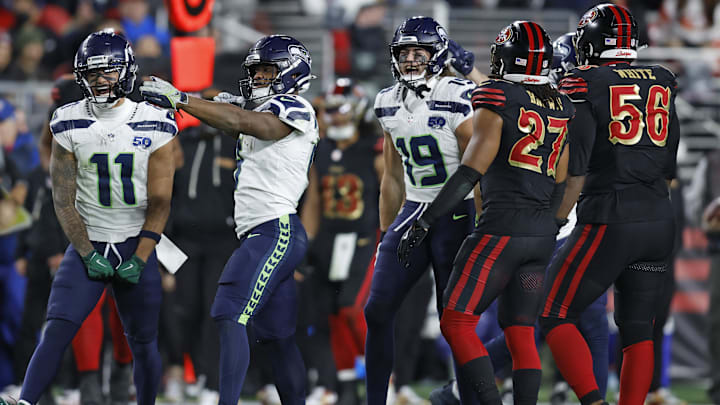 Jan 3, 2026; Santa Clara, California, USA; Seattle Seahawks running back Kenneth Walker III (9) reacts against the San Francisco 49ers during the second half at Levi's Stadium. Mandatory Credit: Sergio Estrada-Imagn Images