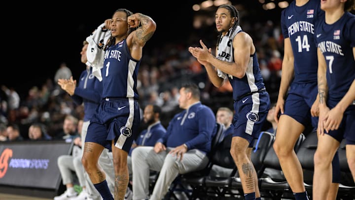 Penn State Nittany Lions guard Ace Baldwin Jr. (1) and teammates celebrate on the bench during the second half against the Virginia Tech Hokies at CFG Bank Arena. Penn State Nittany Lions guard Ace Baldwin Jr. (1) and teammates celebrate on the bench during the second half against the Virginia Tech Hokies at CFG Bank Arena.