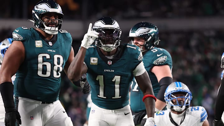 Nov 16, 2025; Philadelphia, Pennsylvania, USA; Philadelphia Eagles wide receiver A.J. Brown (11) reacts against the Detroit Lions during the first half at Lincoln Financial Field. Mandatory Credit: Bill Streicher-Imagn Images