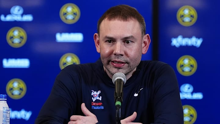 Dec 25, 2025; Denver, Colorado, USA; Denver Nuggets head coach David Adelman speaks to the media before the game against the Minnesota Timberwolves at Ball Arena. Mandatory Credit: Ron Chenoy-Imagn Images