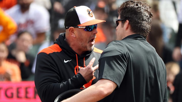 Apr 13, 2025; Baltimore, Maryland, USA; Orioles manager Brandon Hyde gets ejected by home plate umpire John Bacon during the third inning against the Toronto Blue Jays at Oriole Park at Camden Yards.