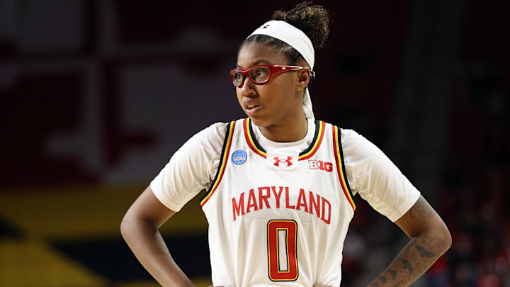 Mar 24, 2025; College Park, Maryland, USA; Maryland Terrapins guard Shyanne Sellers (0) looks on during the first half against the Alabama Crimson Tide at Xfinity Center. Mandatory Credit: Daniel Kucin Jr.-Imagn Images