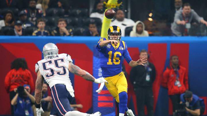 Feb 3, 2019; Atlanta, GA, USA; Los Angeles Rams quarterback Jared Goff (16) against the New England Patriots in the third quarter in Super Bowl LIII at Mercedes-Benz Stadium. Mandatory Credit: Mark J. Rebilas-USA TODAY Sports Feb 3, 2019; Atlanta, GA, USA; Los Angeles Rams quarterback Jared Goff (16) against the New England Patriots in the third quarter in Super Bowl LIII at Mercedes-Benz Stadium. Mandatory Credit: Mark J. Rebilas-USA TODAY Sports