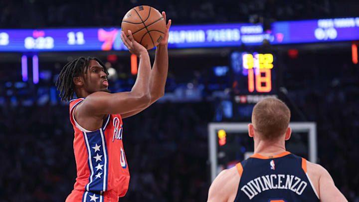 Apr 22, 2024; New York, New York, USA;  Philadelphia 76ers guard Tyrese Maxey (0) shoots the ball in Game 2 against the Knicks.