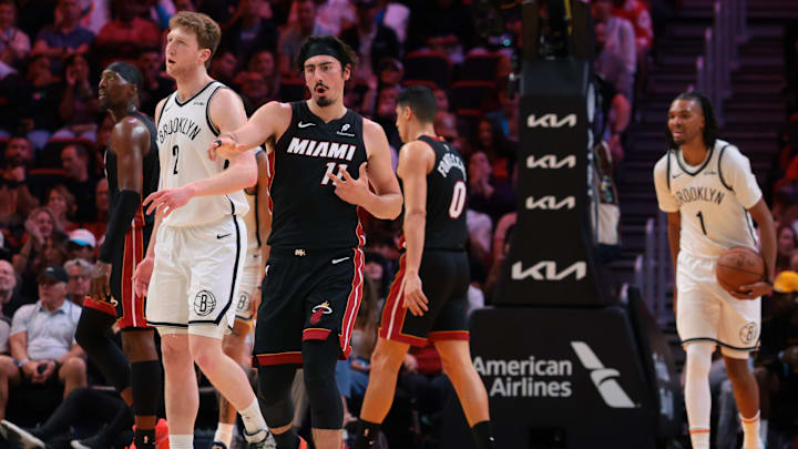 Mar 3, 2026; Miami, Florida, USA; Miami Heat forward Jaime Jaquez Jr. (11) reacts after scoring against the Brooklyn Nets during the second quarter at Kaseya Center. Mandatory Credit: Sam Navarro-Imagn Images