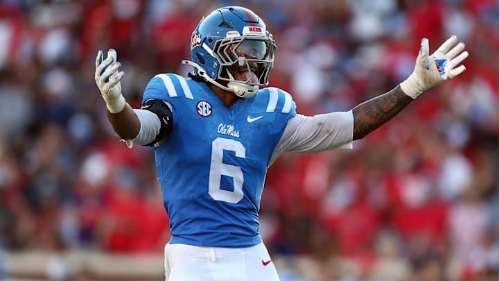 Sep 27, 2025; Oxford, Mississippi, USA; Mississippi Rebels linebacker TJ Dottery (6) reacts during the fourth quarter against the LSU Tigers at Vaught-Hemingway Stadium. Mandatory Credit: Petre Thomas-Imagn Images Sep 27, 2025; Oxford, Mississippi, USA; Mississippi Rebels linebacker TJ Dottery (6) reacts during the fourth quarter against the LSU Tigers at Vaught-Hemingway Stadium. Mandatory Credit: Petre Thomas-Imagn Images