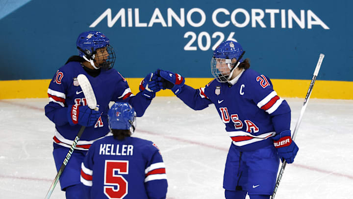 Feb 7, 2026; Milan, Italy; Hilary Knight (21) of the United States celebrates with Laila Edwards (10) of the United States after scoring a goal against Finland in women's ice hockey group A play during the Milano Cortina 2026 Olympic Winter Games at Milano Rho Ice Hockey Arena. Mandatory Credit: David W Cerny/Reuters via Imagn Images Feb 7, 2026; Milan, Italy; Hilary Knight (21) of the United States celebrates with Laila Edwards (10) of the United States after scoring a goal against Finland in women's ice hockey group A play during the Milano Cortina 2026 Olympic Winter Games at Milano Rho Ice Hockey Arena. Mandatory Credit: David W Cerny/Reuters via Imagn Images