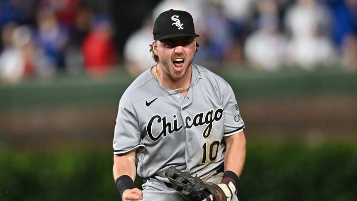 Aug 18, 2026; Chicago, Illinois, USA; Chicago White Sox second baseman Chase Meidroth (10) reacts after ending the seventh inning against the Chicago Cubs at Wrigley Field. Mandatory Credit: Patrick Gorski-Imagn Images