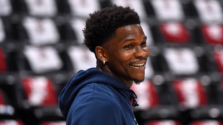 Apr 18, 2026; Denver, Colorado, USA; Minnesota Timberwolves guard Anthony Edwards (5) warms up before the game against the Denver Nuggets during game one of the first round of the 2026 NBA Playoffs at Ball Arena. Mandatory Credit: Christopher Hanewinckel-Imagn Images