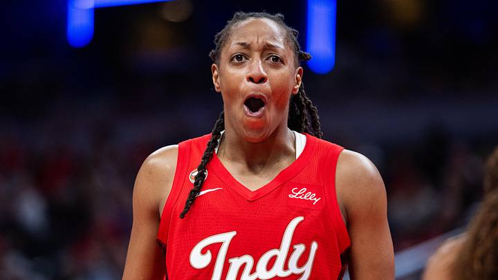 Jun 4, 2026; Indianapolis, Indiana, USA; Indiana Fever guard Kelsey Mitchell (0) reacts in the second half against the Atlanta Dream at Gainbridge Fieldhouse. Mandatory Credit: Trevor Ruszkowski-Imagn Images