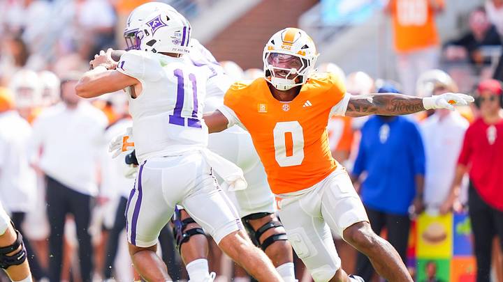 Tennessee linebacker Amare Campbell (0) pressures Furman quarterback Jake Garcia (11) during a college football game between Tennessee and Furman in Neyland Stadium in Knoxville, Tenn., on Sept. 5, 2026. Tennessee linebacker Amare Campbell (0) pressures Furman quarterback Jake Garcia (11) during a college football game between Tennessee and Furman in Neyland Stadium in Knoxville, Tenn., on Sept. 5, 2026.