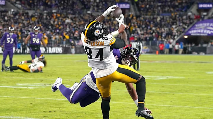 Dec 21, 2024; Baltimore, Maryland, USA; Pittsburgh Steelers wide receiver Cordarrelle Patterson (84) makes a touchdown catch in the third quarter against the Baltimore Ravens against the at M&T Bank Stadium. Mandatory Credit: Mitch Stringer-Imagn Images