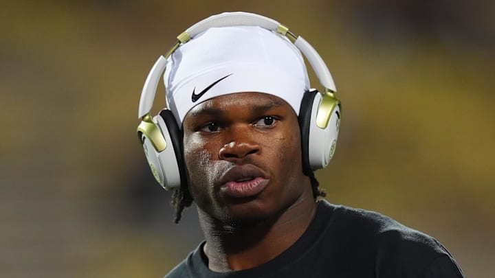 Oct 26, 2024; Boulder, Colorado, USA; Colorado Buffaloes wide receiver Travis Hunter (12) before the game against the Cincinnati Bearcats at Folsom Field. Mandatory Credit: Ron Chenoy-Imagn Images