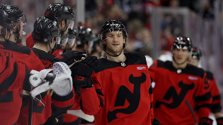Dawson Mercer celebrating his goal against the Pittsburgh Penguins