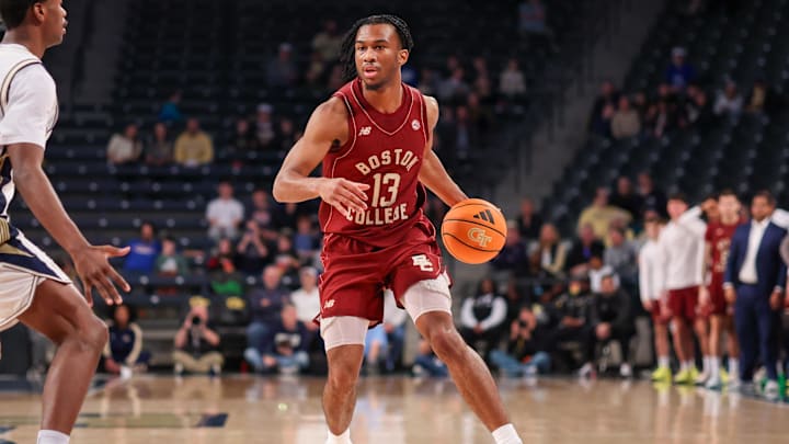 Jan 3, 2026; Atlanta, Georgia, USA; Boston College Eagles guard Donald Hand Jr. (13) dribbles against the Georgia Tech Yellow Jackets in the first half at McCamish Pavilion. Mandatory Credit: Brett Davis-Imagn Images