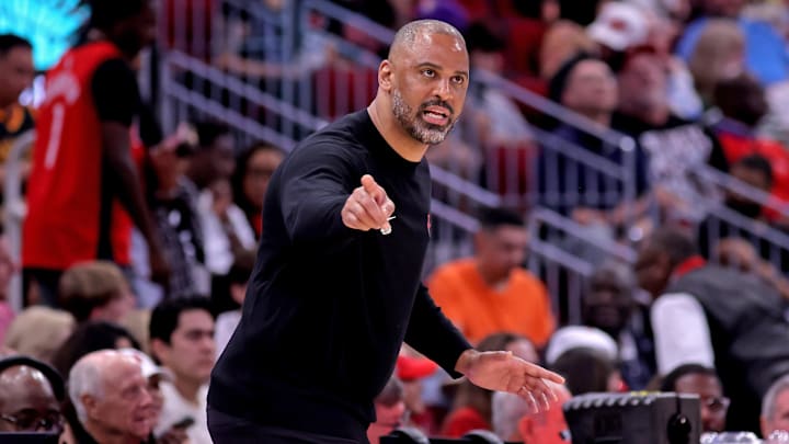 Apr 4, 2025; Houston, Texas, USA; Houston Rockets head coach Ime Udoka on the sidelines against the Oklahoma City Thunder during the second quarter at Toyota Center. Mandatory Credit: Erik Williams-Imagn Images