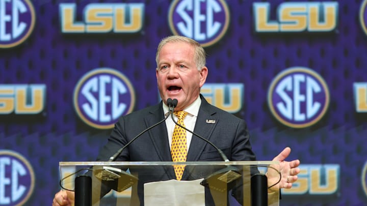 Jul 16, 2025; Atlanta, GA, USA; LSU Tigers head coach Brian Kelly talks to the media during SEC Media Day at Omni Atlanta Hotel. Mandatory Credit: Jordan Godfree-Imagn Images