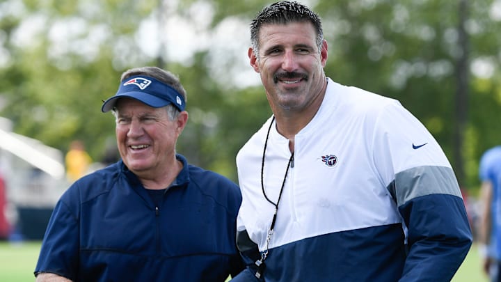 New England Patriots head coach Bill Belichick shares a laugh with Tennessee Titans head coach Mike Vrabel after a joint training camp practice at Saint Thomas Sports Park Wednesday, Aug. 14, 2019 in Nashville, Tenn.

Nas Titans 8 14 Observations 030