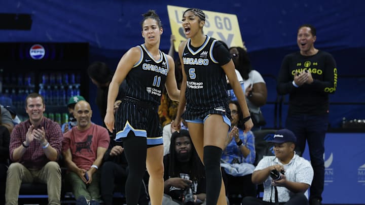 Aug 19, 2025; Chicago, Illinois, USA; Chicago Sky forward Angel Reese (5) reacts after scoring against the Seattle Storm during the second half at Wintrust Arena. Mandatory Credit: Kamil Krzaczynski-Imagn Images