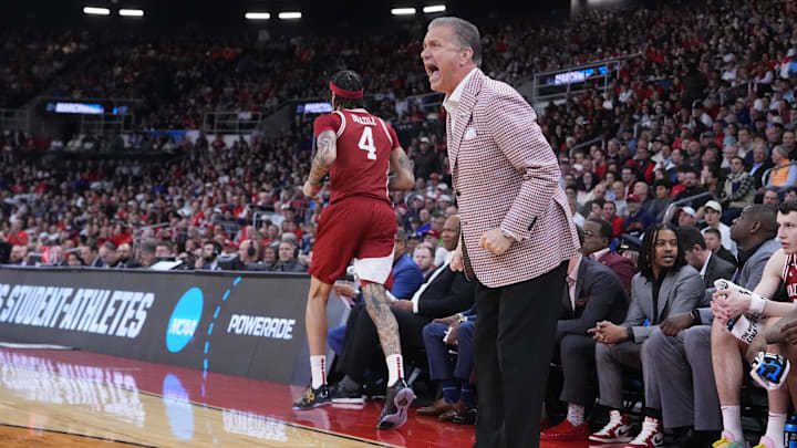 Mar 22, 2025; Providence, RI, USA; Arkansas Razorbacks head coach John Calipari during the first half of a second round men’s NCAA Tournament game against the St. John's Red Storm at Amica Mutual Pavilion. Mandatory Credit: Gregory Fisher-Imagn Images