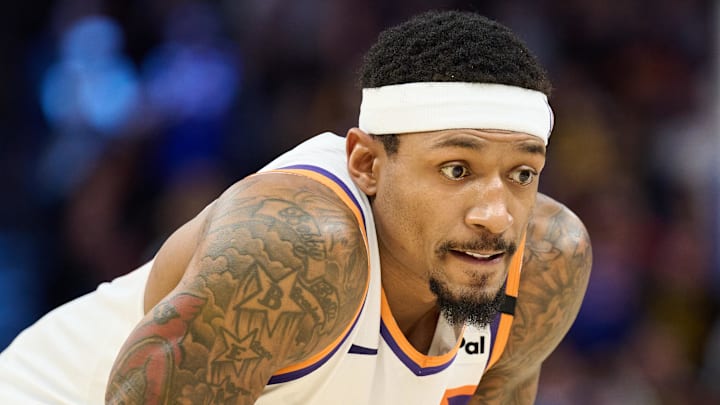 Phoenix Suns guard Bradley Beal (3) waits for play to resume against the Golden State Warriors during the fourth quarter at Chase Center. 