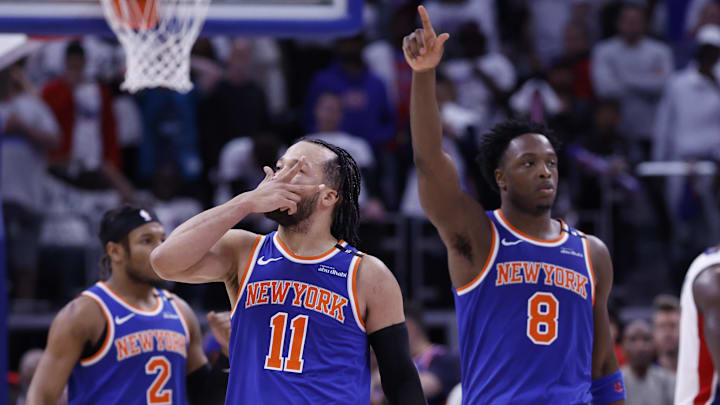 May 1, 2025; Detroit, Michigan, USA; New York Knicks guard Jalen Brunson (11) celebrates his three point basket in the fourth quarter against the Detroit Pistons during game six of first round for the 2024 NBA Playoffs at Little Caesars Arena. Mandatory Credit: Rick Osentoski-Imagn Images