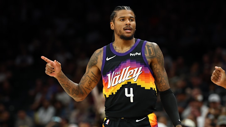 Mar 28, 2026; Phoenix, Arizona, USA; Phoenix Suns guard Jalen Green (4) against the Utah Jazz in the second half at Mortgage Matchup Center. Mandatory Credit: Mark J. Rebilas-Imagn Images Mar 28, 2026; Phoenix, Arizona, USA; Phoenix Suns guard Jalen Green (4) against the Utah Jazz in the second half at Mortgage Matchup Center. Mandatory Credit: Mark J. Rebilas-Imagn Images