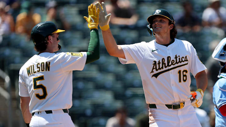 Jul 13, 2025; West Sacramento, California, USA; Athletics first baseman Nick Kurtz (16) celebrates with shortstop Jacob Wilson (5) after hitting a two-run home run against the Toronto Blue Jays during the fifth inning at Sutter Health Park. Mandatory Credit: Dennis Lee-Imagn Images